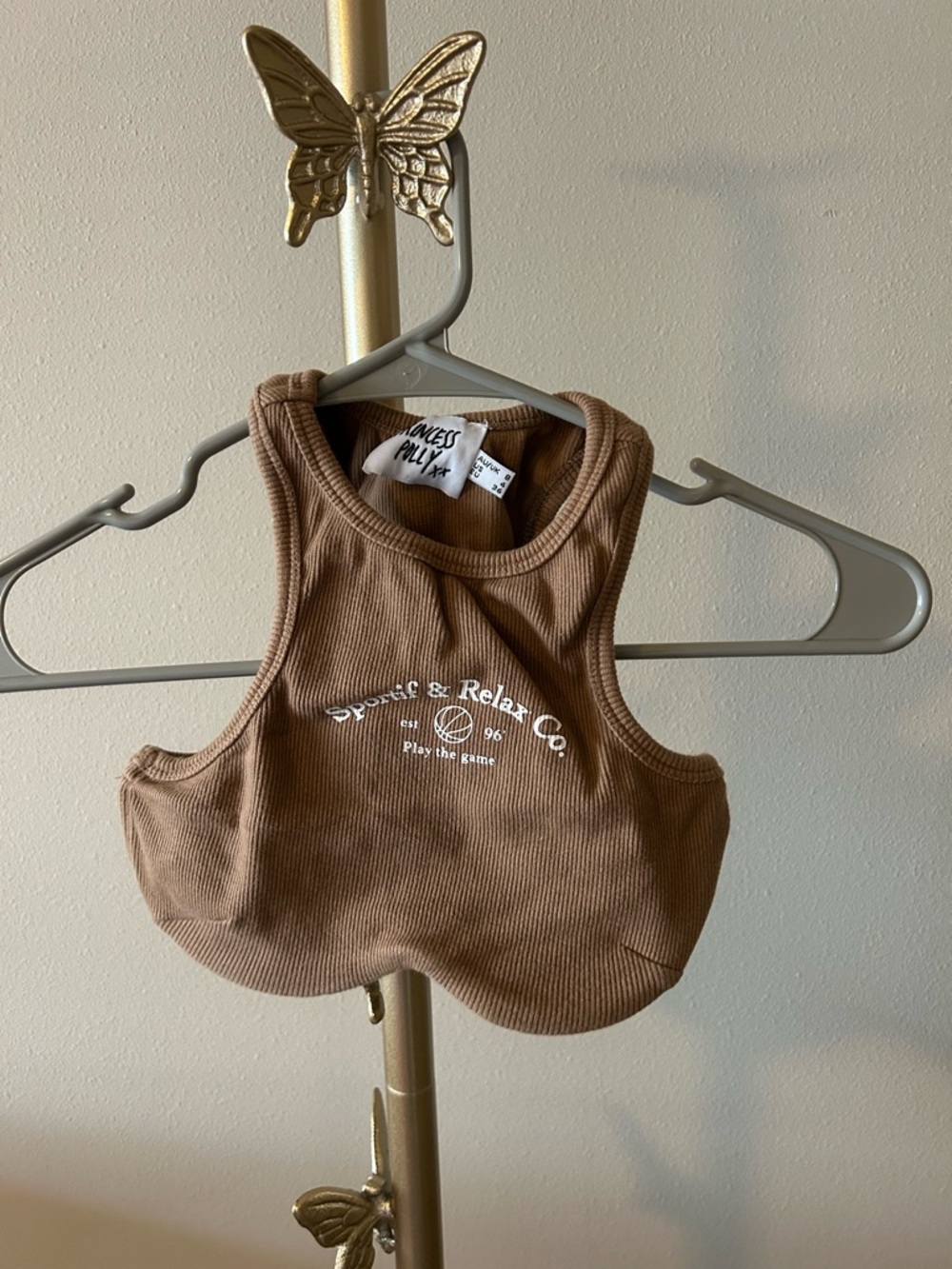 Princess Polly Brown Ribbed Tank Top with White Logo